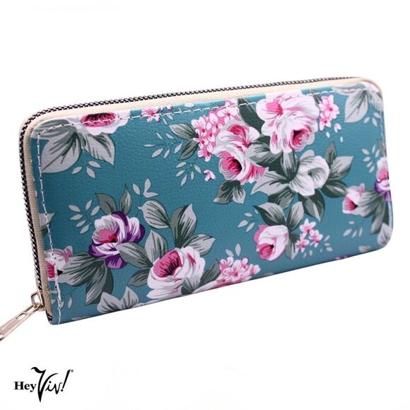 Green Rose Print Zip Wallet Clutch Easy to Hold and Carry 8 x4" - Hey Viv - Picture 4 of 5